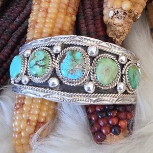 NWOT Native American Navajo 5 Turquoise Stones & Sterling Bracelet 🩵🩶💚🎁